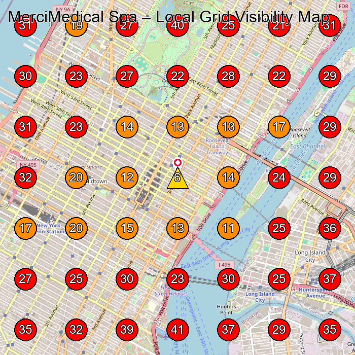 MerciMedical Spa GeoGrid visibility map for Medical Spa in New York